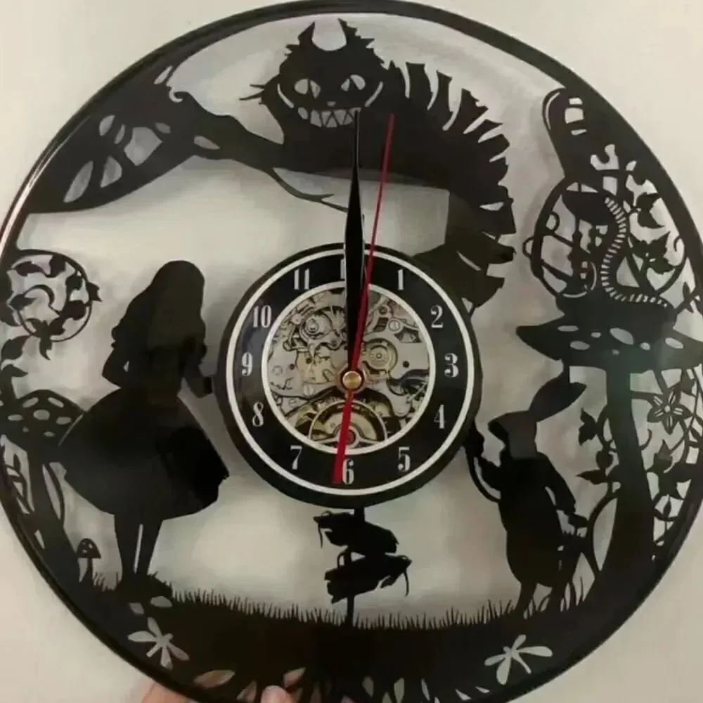 Alice in Wonderland 12”Black Lp wall clock . Battery operated .